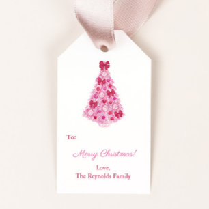 Kitsch Pink Christmas Tree Red Bows Holidays Gift Tags