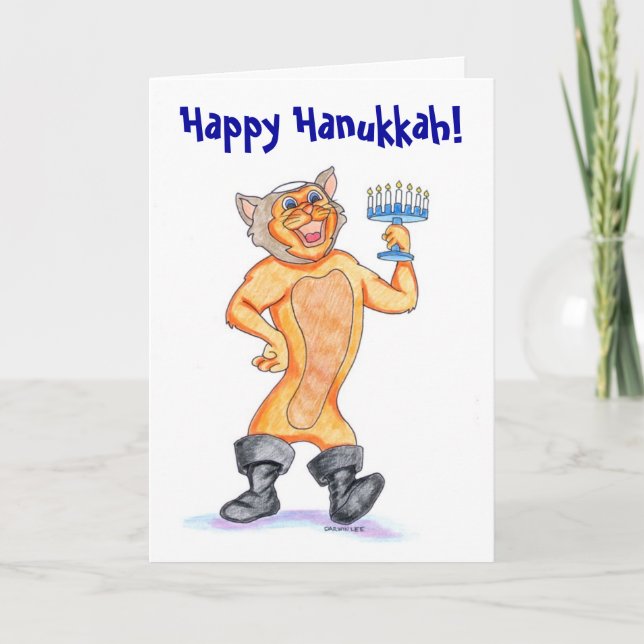 Kitschy Happy Hanukkah Cartoon Cat Card (Front)