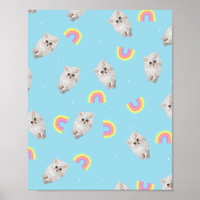 Kitschy Pastel Aesthetic Cat Kitten Rainbows Blue  Poster (Front)