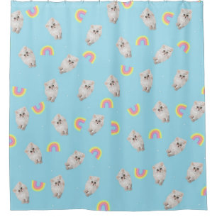 Kitschy Pastel Aesthetic Cat Kitten Rainbows Blue  Shower Curtain