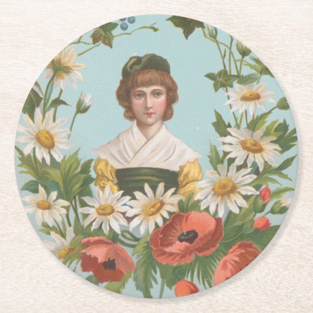 Kitschy Retro German Valentine's Card, 1884 Round Paper Coaster (Front)