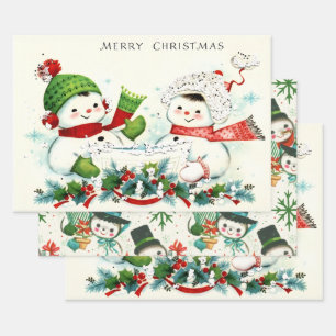 Kitschy Retro Snowmen Wrapping Paper Sheet