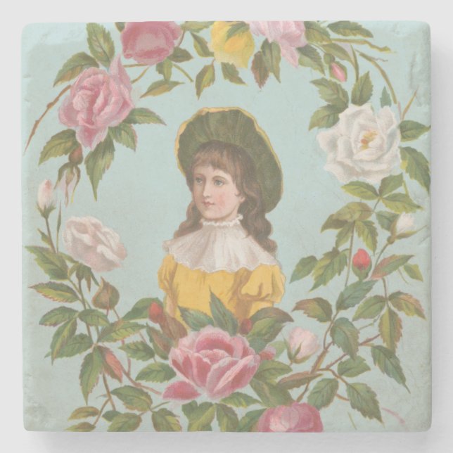 Kitschy Vintage German Valentine's Card, 1884 Stone Coaster (Front)