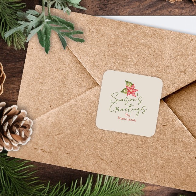 Kitschy Vintage Poinsettia Red Green Christmas Square Sticker (Creator Uploaded)