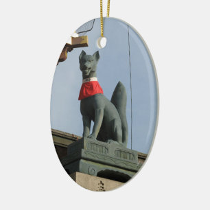 Kitsune キツネ (Fox) with Jewel in Mouth Ceramic Tree Decoration