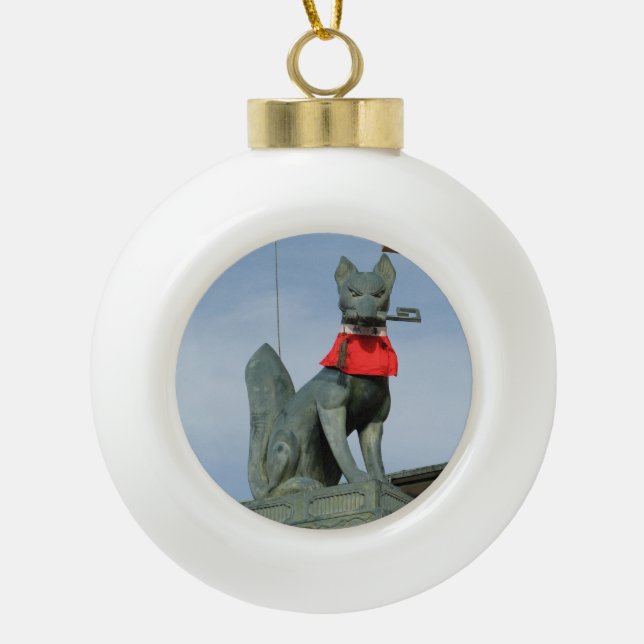 Kitsune キツネ (Fox) with Key in Mouth Ceramic Ball Christmas Ornament (Front)