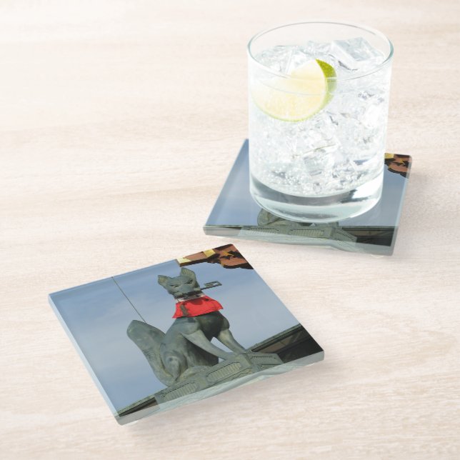 Kitsune キツネ (Fox) with Key in Mouth Glass Coaster (Angled)