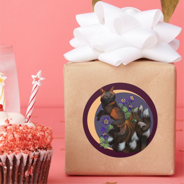 Kitsune and Columbine Flowers Classic Round Sticker (Party)