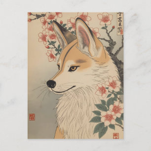 Kitsune & cherry blossom postcard