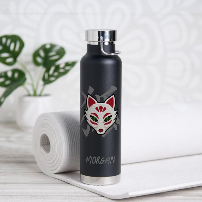 KITSUNE Fox Mask- Custom Name Water Bottle (Yoga (Rotated))