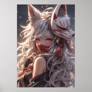 Kitsune Fox Mask Samurai Girl Japanese Poster