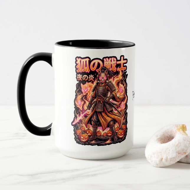 Kitsune Fox Samurai & Fire Pumpkins Mug (With Donut)