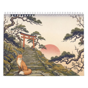 Kitsune Fox Shrine Hanafuda Ukiyo-e Style Art Calendar