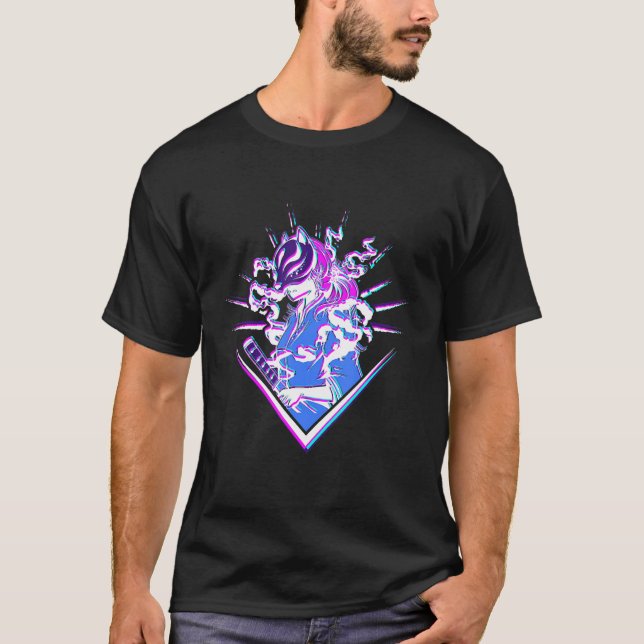Kitsune fox with japanese kitsune and Vaporwave Gl T-Shirt (Front)