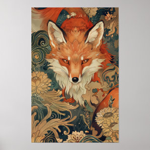 Kitsune Japanese Fox Illustration in Mucha Style A Poster