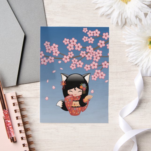 Kitsune Kokeshi Doll Black Fox Geisha Blue Insert Vellum Invitations (Wedding)