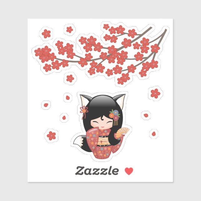 Kitsune Kokeshi Doll - Black Fox Geisha Girl (Sheet)