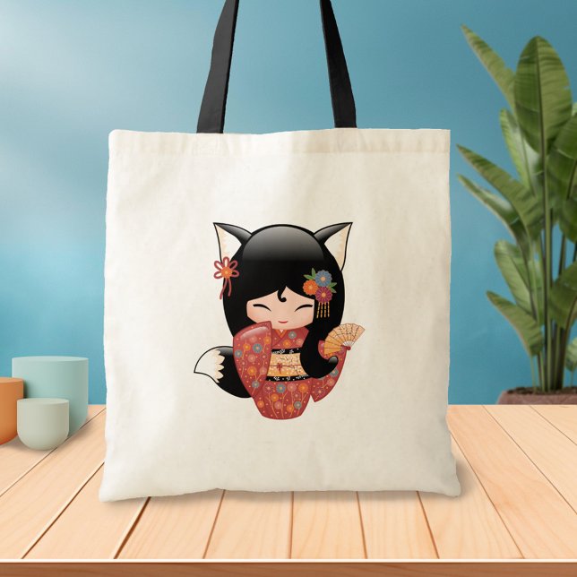 Kitsune Kokeshi Doll - Black Fox Geisha Girl 2 Tote Bag (Creator Uploaded)
