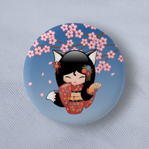 Kitsune Kokeshi Doll - Black Fox Geisha Girl 6 Cm Round Badge