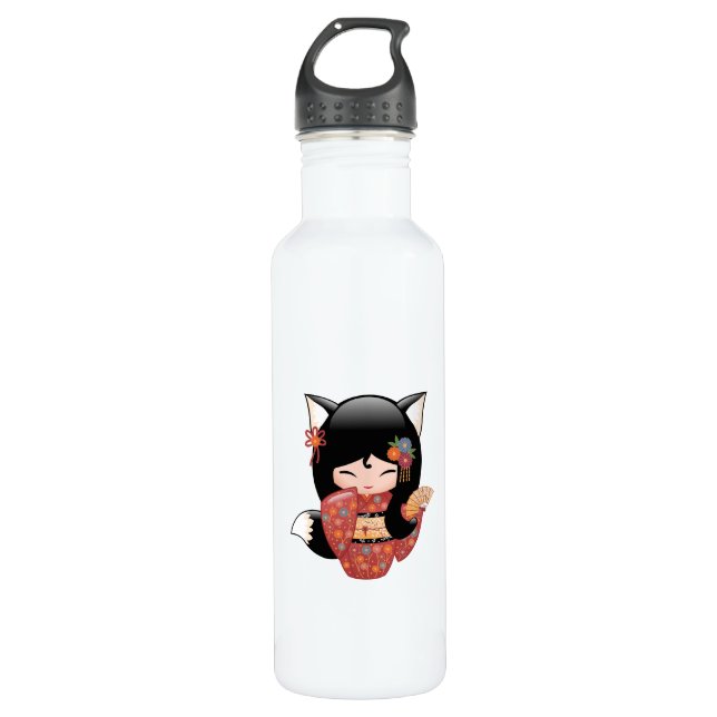 Kitsune Kokeshi Doll - Black Fox Geisha Girl 710 Ml Water Bottle (Front)