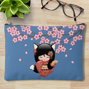 Kitsune Kokeshi Doll - Black Fox Geisha Girl Accessory Pouch
