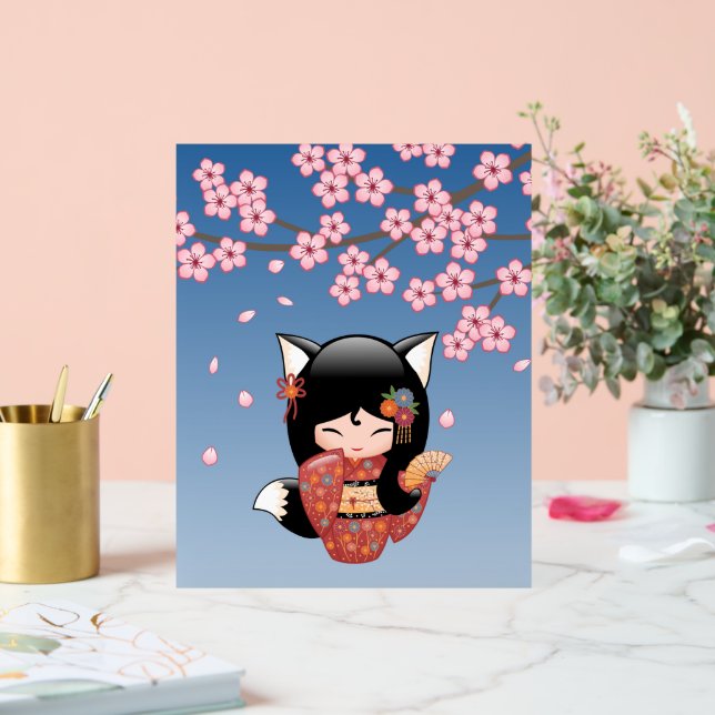 Kitsune Kokeshi Doll Black Fox Geisha Girl Blue Acrylic Sign (Wedding)