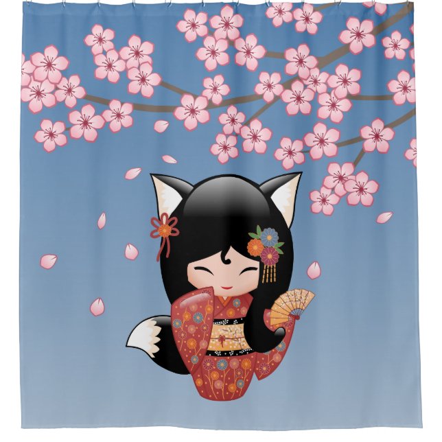 Kitsune Kokeshi Doll Black Fox Geisha Girl Blue Shower Curtain (Front)