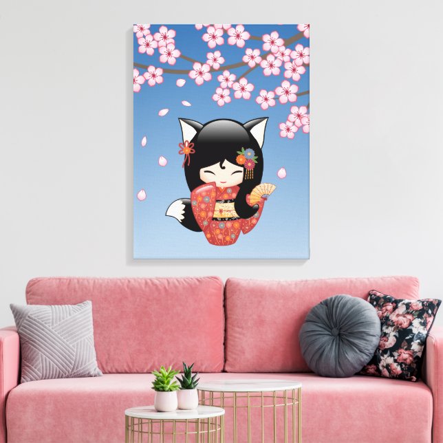 Kitsune Kokeshi Doll - Black Fox Geisha Girl Canvas Print (Insitu(LivingRoom))