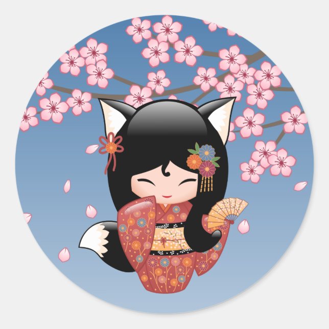 Kitsune Kokeshi Doll - Black Fox Geisha Girl Classic Round Sticker (Front)