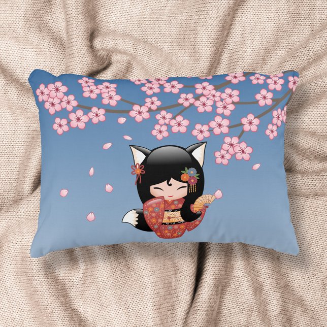 Kitsune Kokeshi Doll - Black Fox Geisha Girl Decorative Cushion (Creator Uploaded)