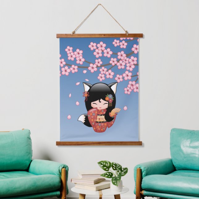 Kitsune Kokeshi Doll - Black Fox Geisha Girl Hanging Tapestry (Living Room)