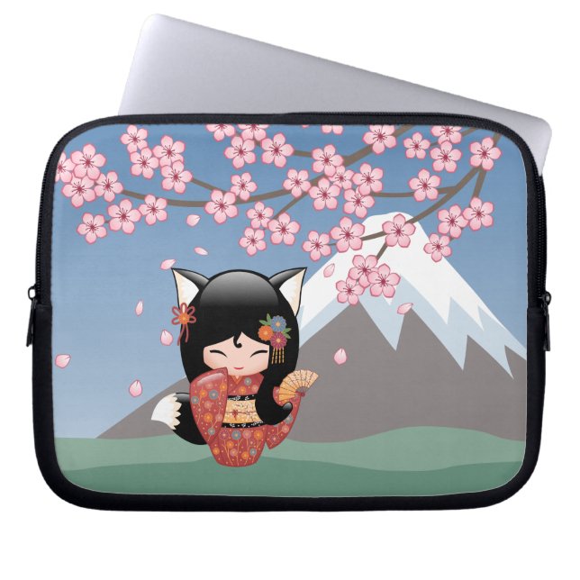 Kitsune Kokeshi Doll - Black Fox Geisha Girl Laptop Sleeve (Front)