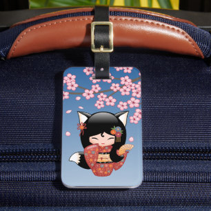 Kitsune Kokeshi Doll - Black Fox Geisha Girl Luggage Tag