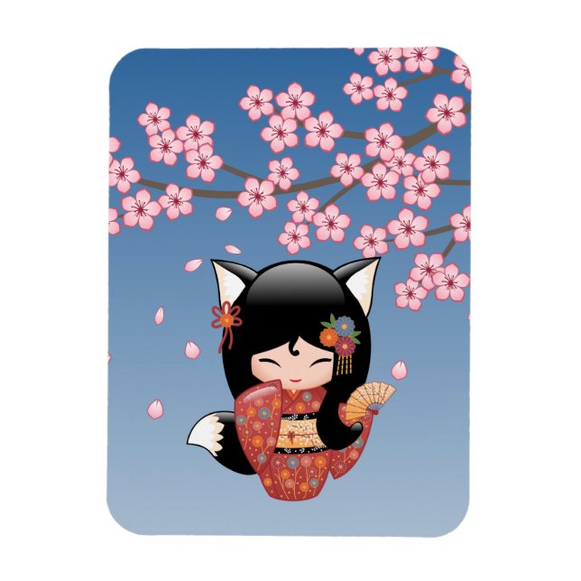 Kitsune Kokeshi Doll - Black Fox Geisha Girl Magnet (Vertical)