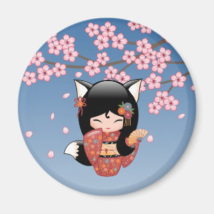 Kitsune Kokeshi Doll - Black Fox Geisha Girl Magnet