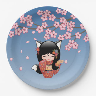 Kitsune Kokeshi Doll - Black Fox Geisha Girl Paper Plate