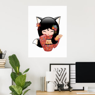 Kitsune Kokeshi Doll - Black Fox Geisha Girl Poster