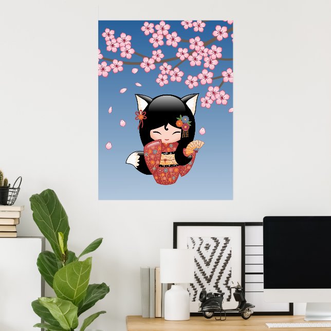 Kitsune Kokeshi Doll - Black Fox Geisha Girl Poster (Home Office)