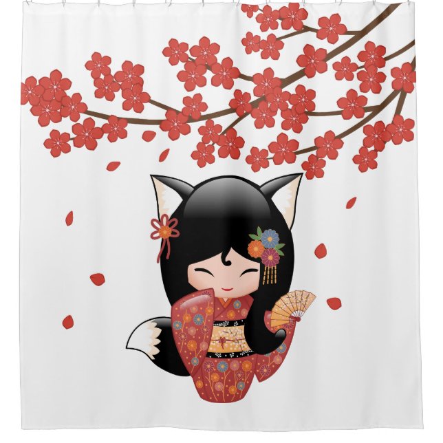 Kitsune Kokeshi Doll Black Fox Geisha Girl Red Shower Curtain (Front)