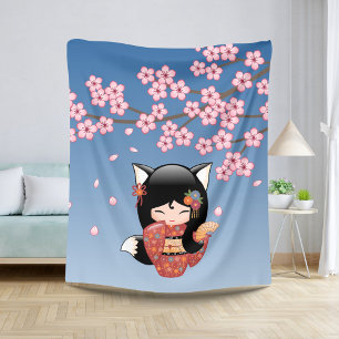 Kitsune Kokeshi Doll - Black Fox Geisha Girl Sherpa Blanket