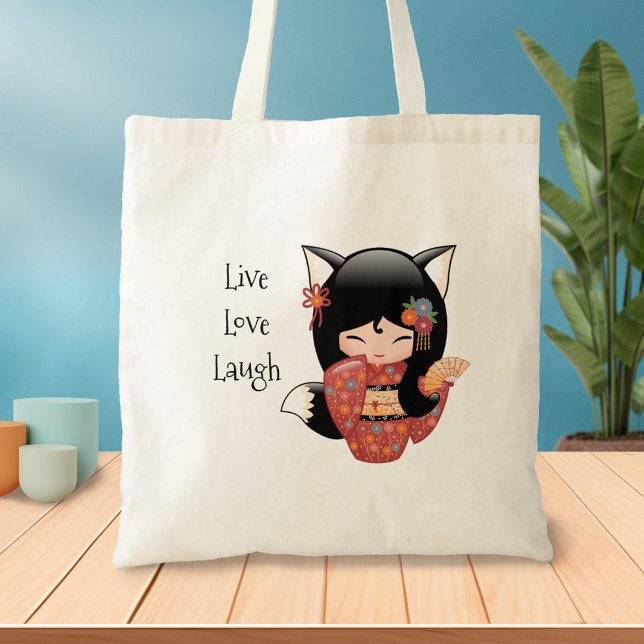 Kitsune Kokeshi Doll - Black Fox Geisha Girl Tote Bag (Creator Uploaded)