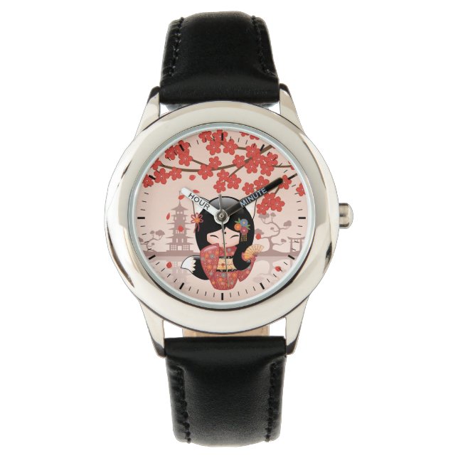 Kitsune Kokeshi Doll - Black Fox Geisha Girl Watch (Front)