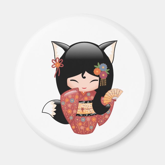 Kitsune Kokeshi Doll - Black Fox Girl Magnet (Front)