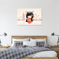 Kitsune Kokeshi Doll - Cute Black Fox Girl