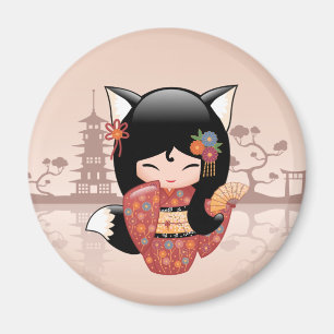 Kitsune Kokeshi Doll - Cute Black Fox Girl Magnet