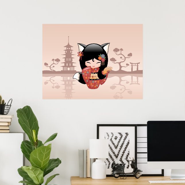 Kitsune Kokeshi Doll - Cute Black Fox Girl Poster (Home Office)