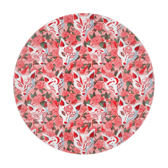 Kitsune masks and blooming camellia on pink cutting board (Front)