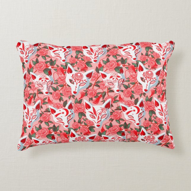 Kitsune masks and blooming camellia on pink decorative cushion (Front)