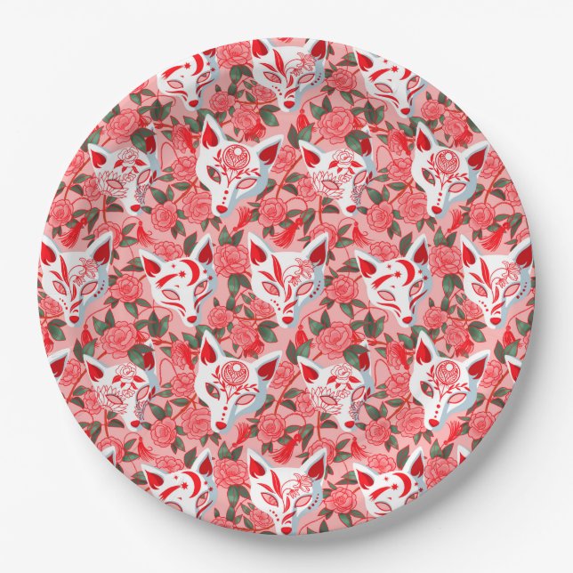Kitsune masks and blooming camellia on pink paper plate (Front)
