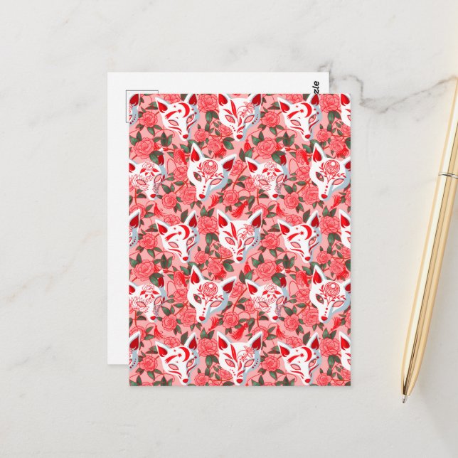 Kitsune masks and blooming camellia on pink postcard (Front/Back In Situ)